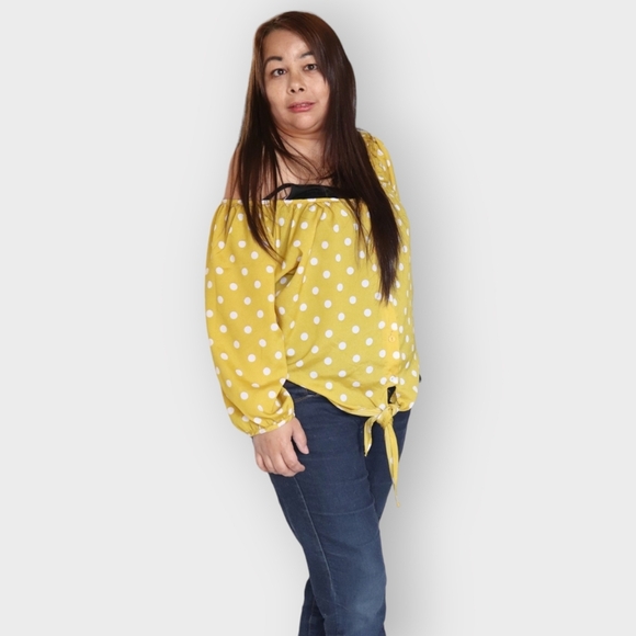 COLLECTION COSTA BLANCA WOMENS L YELLOW & WHITE POKA DOT SHIRT - Picture 13 of 14